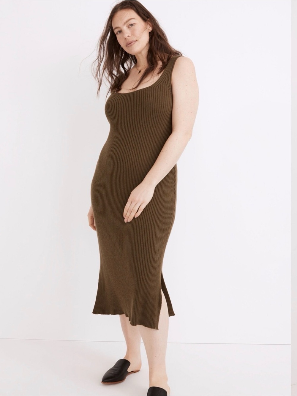 Madewell Brodale Ribbed Sweater Square Neck Midi Dress, Olive Green, Size XL